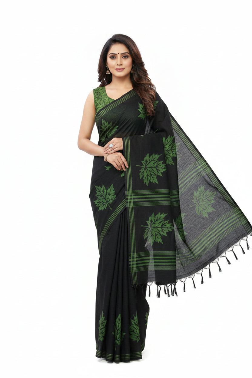 BLACK WITH LEAFY GREEN PRINTED SOUTH COTTON SAREE