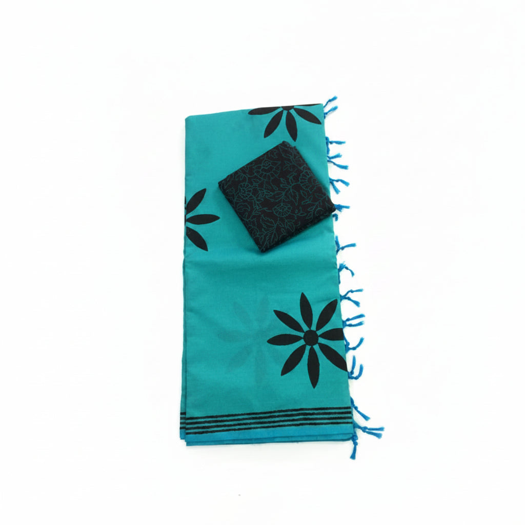 TEAL BLUE WITH BLACK FLORAL PRINT SOUTH COTTON SAREE