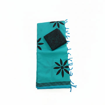 TEAL BLUE WITH BLACK FLORAL PRINT SOUTH COTTON SAREE
