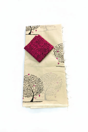 CREAM WITH PINK COLOR FLORAL PRINT SOUTH COTTON SAREE