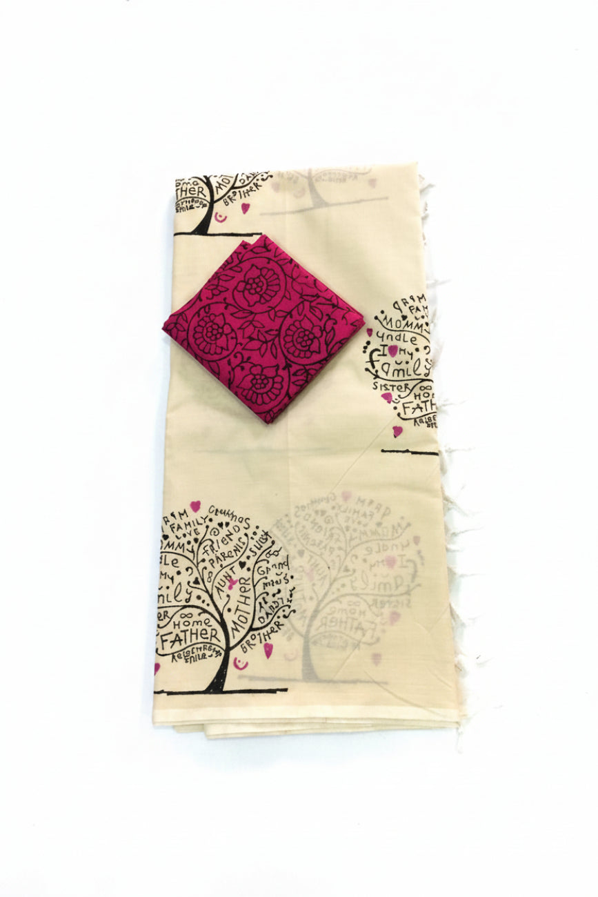 CREAM WITH PINK COLOR FLORAL PRINT SOUTH COTTON SAREE