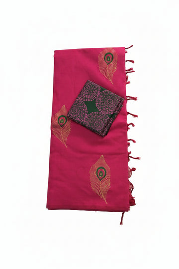 RANI PINK WITH PEACOCK FEATHER PRINTED SOUTH COTTON SAREE