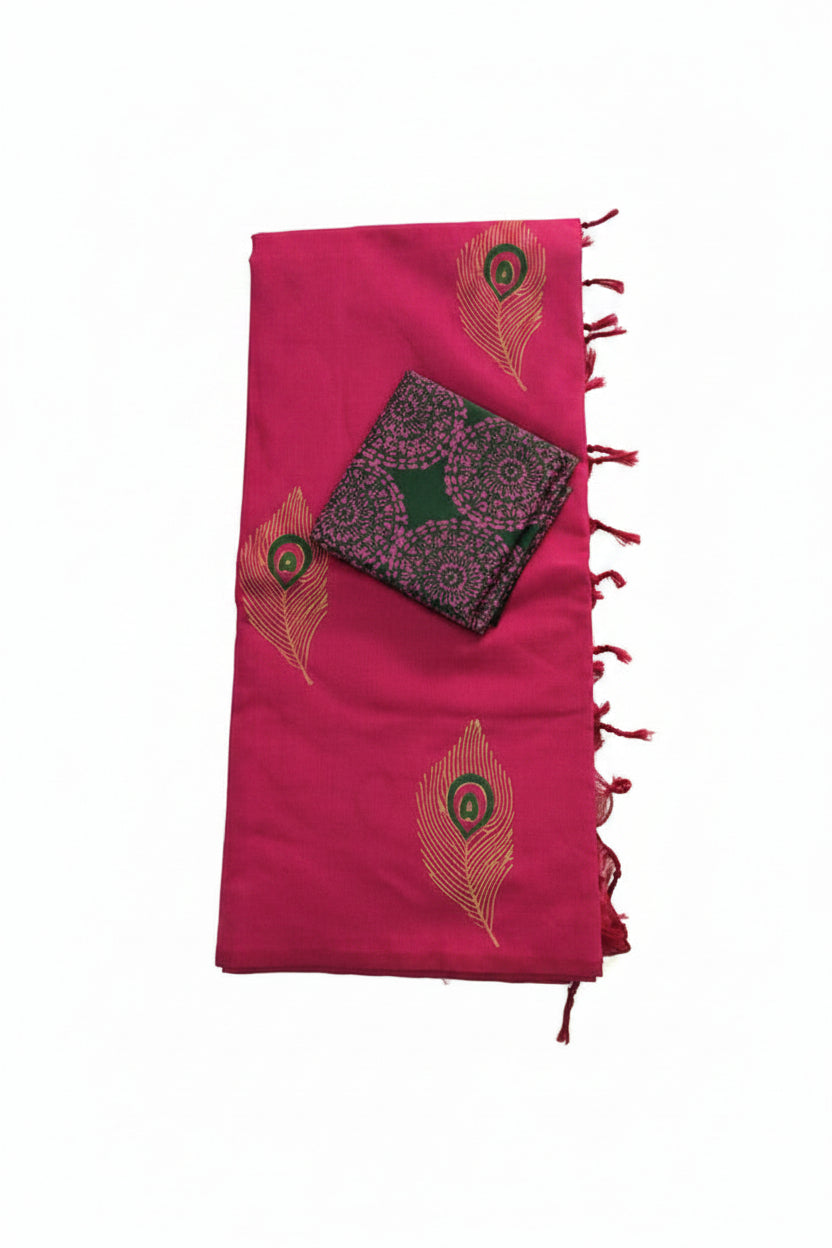 RANI PINK WITH PEACOCK FEATHER PRINTED SOUTH COTTON SAREE