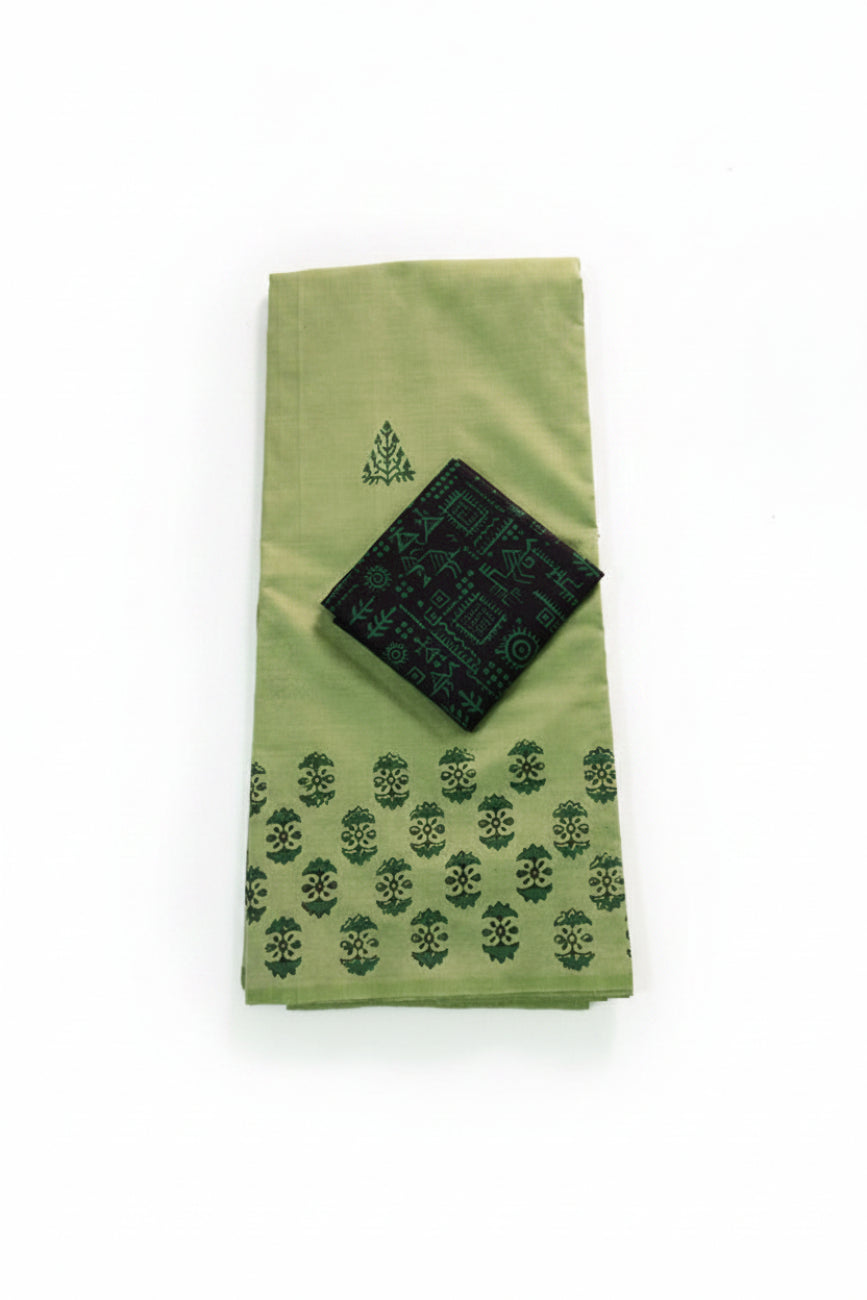PISTA GREEN WITH BLACK COLOR TRADITIONAL PRINT SOUTH COTTON SAREE