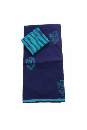 NAVY BLUE WITH SKYBLUE COLOR PRINTED SOUTH COTTON SAREE