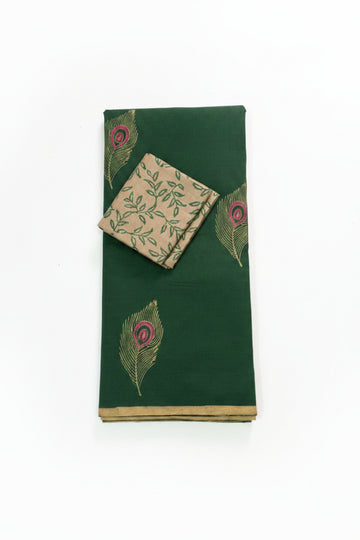 GREEN WITH BEIGE COLOR PRINTED SOUTH COTTON SAREE
