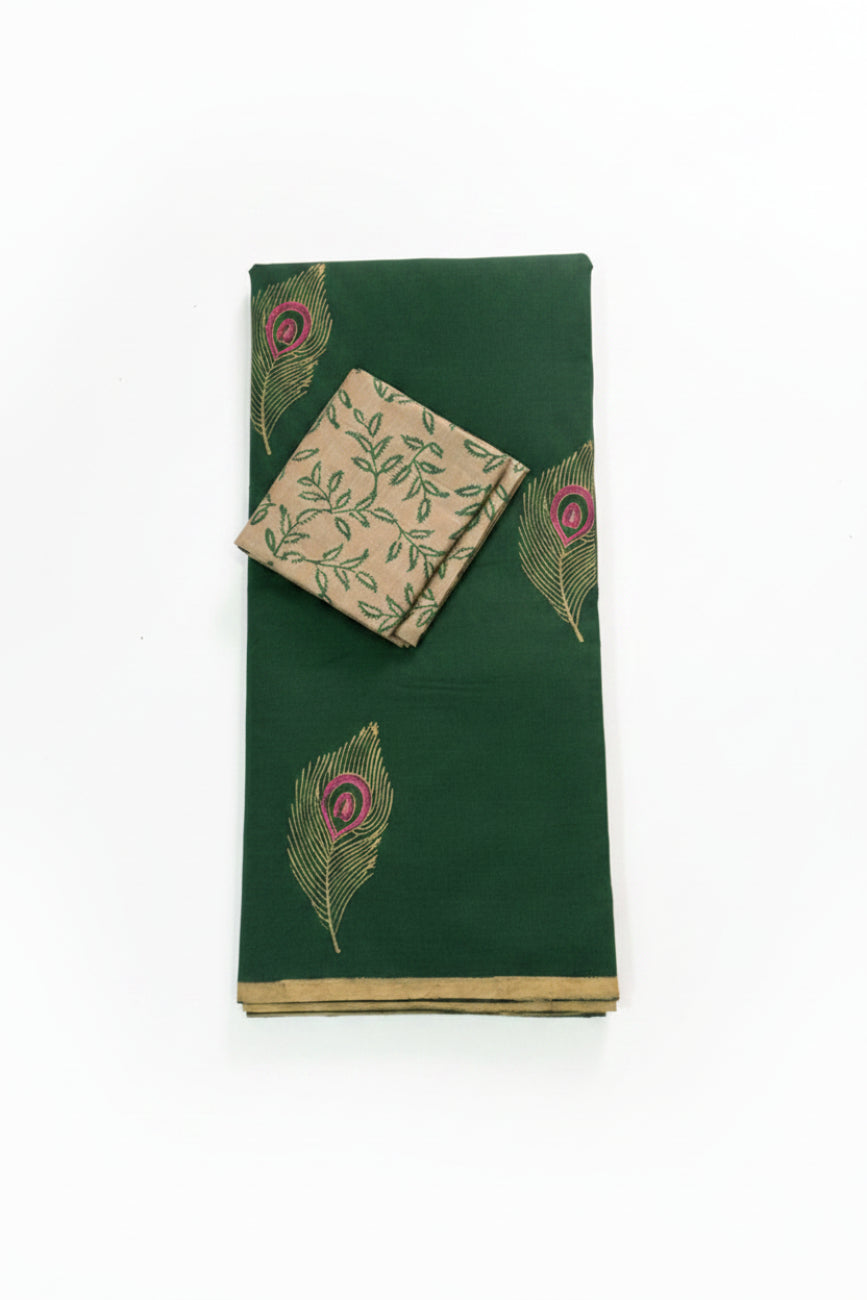 GREEN WITH BEIGE COLOR PRINTED SOUTH COTTON SAREE