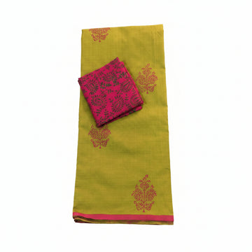 LEMON YELLOW WITH RANI PINK PRINTED SOUTH COTTON SAREE