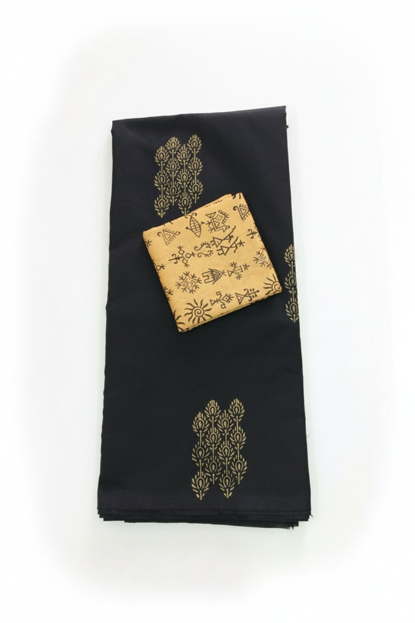 BLACK WITH BEIGE COLOR PRINTED SOUTH COTTON SAREE