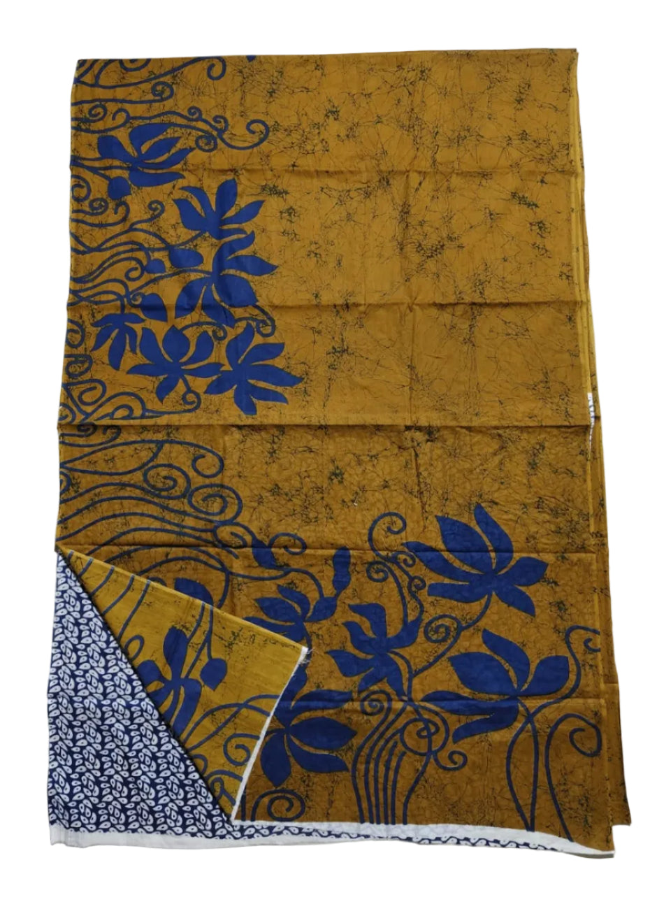 MUSTARD BROWN AND BLUE COLOR FLORAL PRINT MULMUL COTTON SAREE