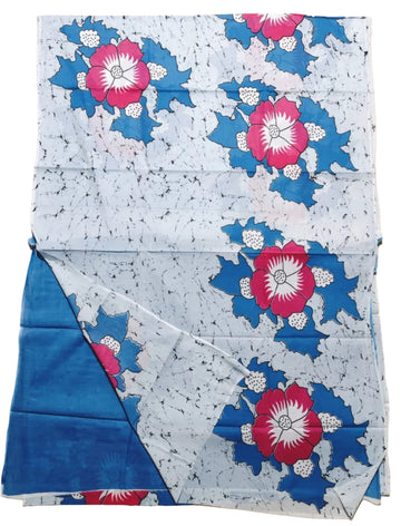 RICH BLUE AND WHITE WITH PINK FLORAL PRINT MULMUL COTTON SAREE