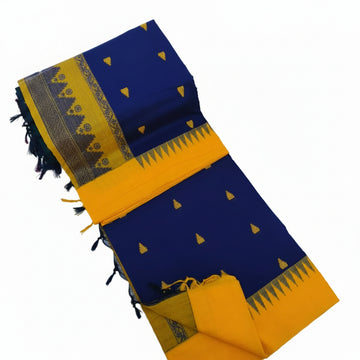 NAVY BLUE AND  MUSTARD YELLOW KALYANI COTTON SAREE