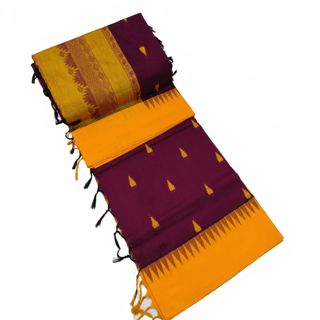 MAROON AND MUSTARD YELLOW KALYANI COTTON SAREE