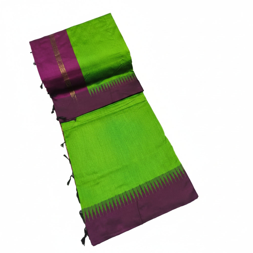 PARROT GREEN AND DEEP PURPLE KALAYANI PURE COTTON SAREE