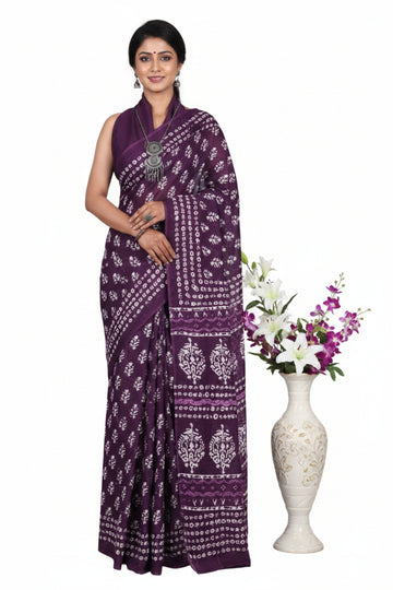 PURPLE WITH WHITE FLORAL PRINT MULMUL COTTON SAREE