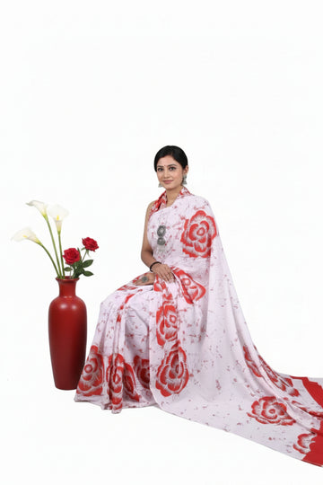 WHITE WITH RED COLOR FLORAL PRINT MULMUL COTTON SAREE