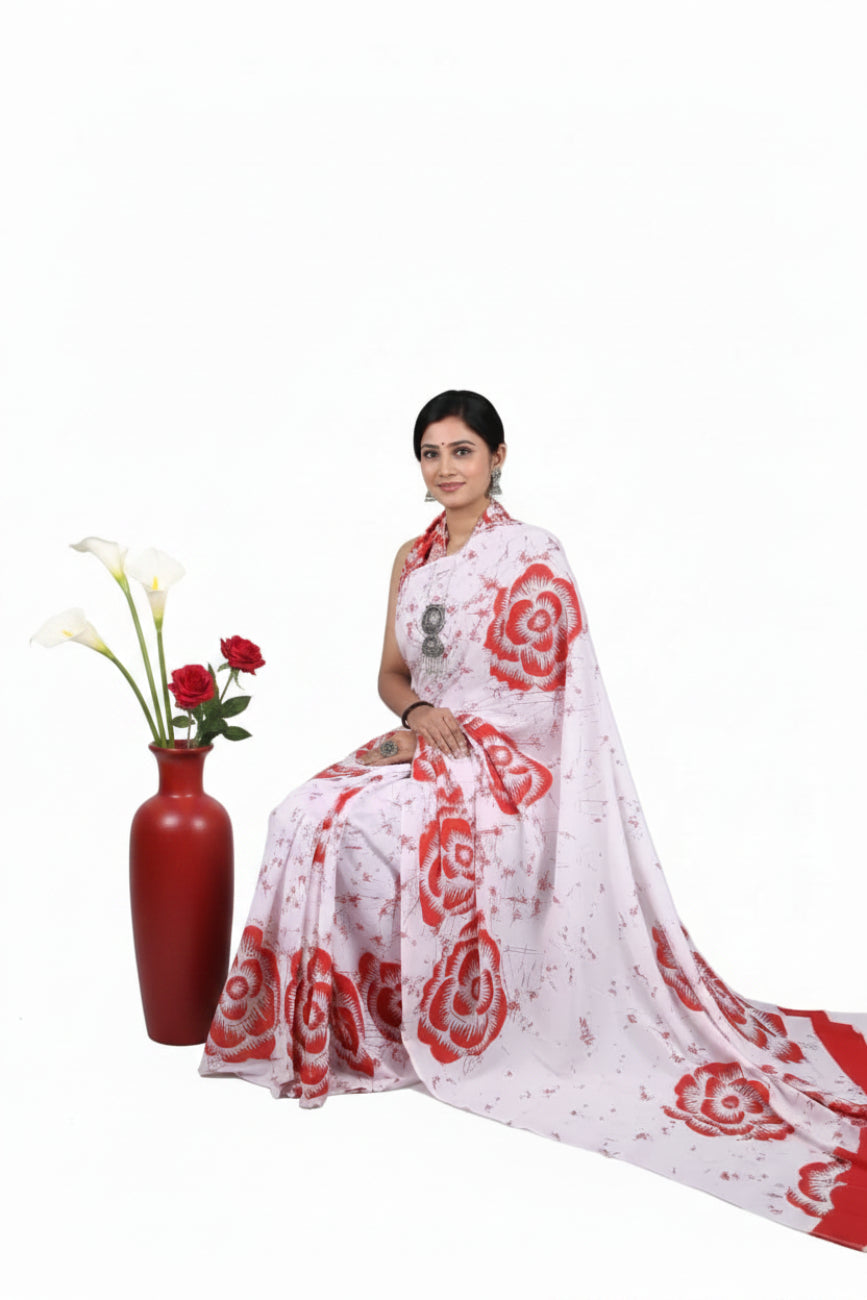 WHITE WITH RED COLOR FLORAL PRINT MULMUL COTTON SAREE