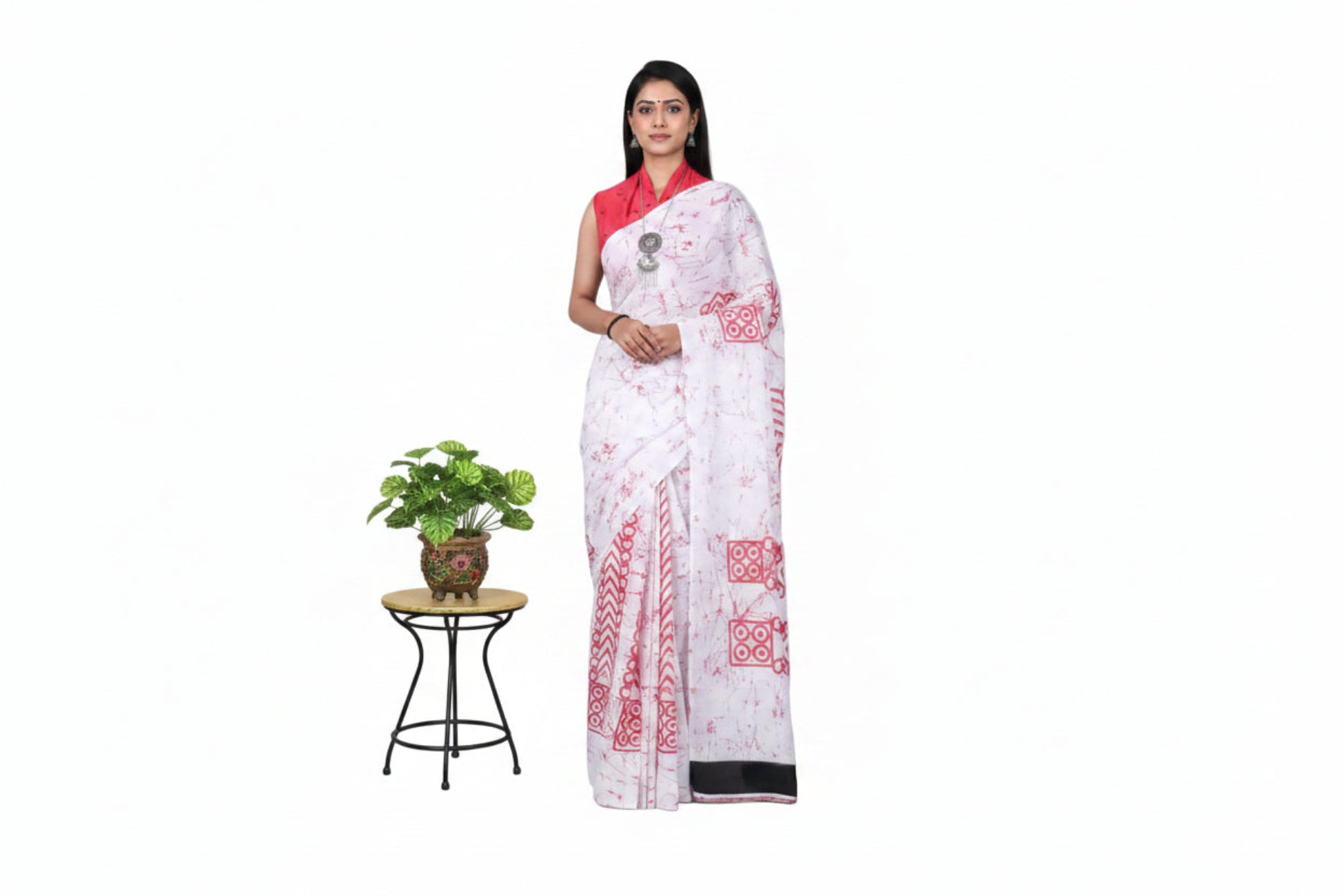 WHITE WITH RED COLOR MULMUL COTTON SAREE