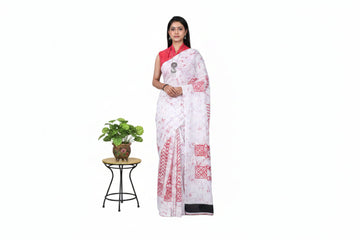 WHITE WITH RED COLOR MULMUL COTTON SAREE