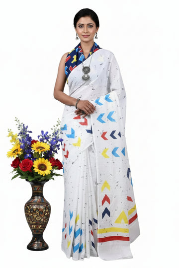 WHITE WITH MULTI COLOR GEOMETRICAL ARROW PRINTS MULMUL COTTON SAREE