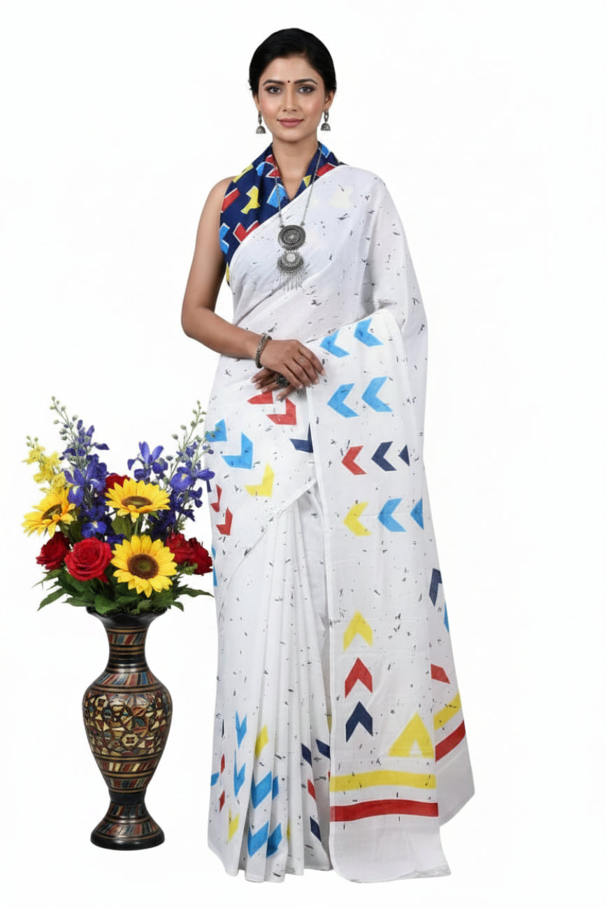 WHITE WITH MULTI COLOR GEOMETRICAL ARROW PRINTS MULMUL COTTON SAREE