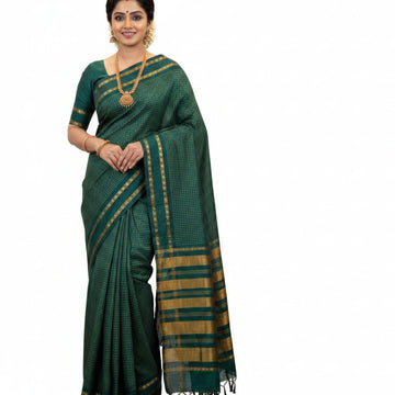 RAMAR GREEN COLOR MUTHU KATTAM KALYANI CHECKED COTTON SAREE