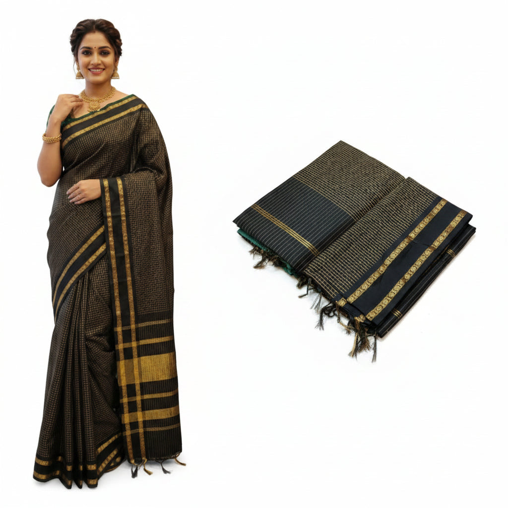 BLACK COLOR MUTHU KATTAM KALYANI CHECKED COTTON SAREE