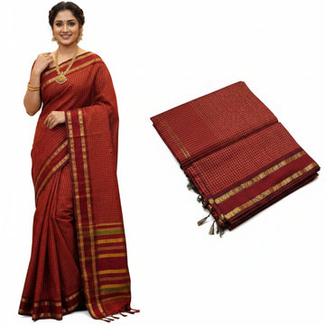 RED COLOR MUTHU KATTAM KALYANI CHECKED COTTON SAREE