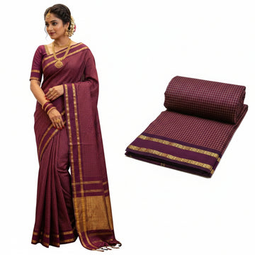 DEEP PURPLE COLOR MUTHU KATTAM KALYANI CHECKED COTTON SAREE