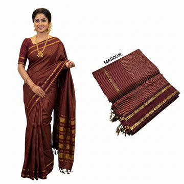 MAROON COLOR MUTHU KATTAM KALYANI CHECKED COTTON SAREE