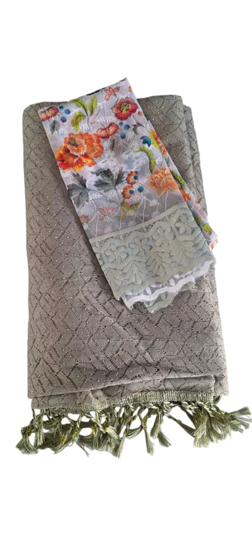 SAGE GREEN FANCY SAREE WITH FLORAL DESIGN BLOUSE PIECE