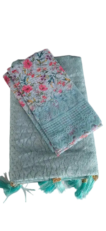 SEA GREEN FANCY SAREE WITH  FLORAL DESIGN BLOUSE PIECE