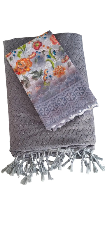GREY COLOR FANCY SAREE WITH FLORAL DESIGN BLOUSE PIECE