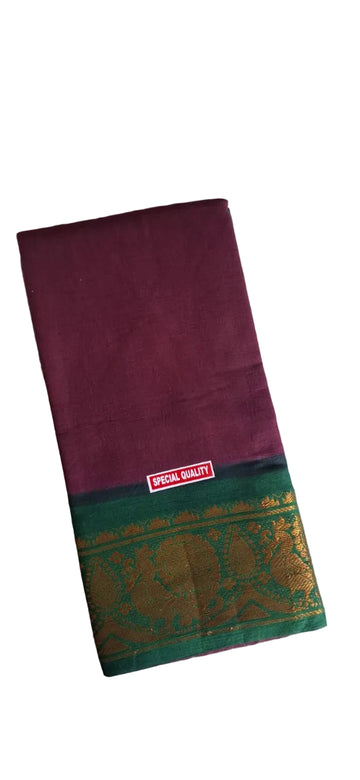 WINE PURPLE WITH BOTTLE GREEN SUNGUDI PURE COTTON SAREE