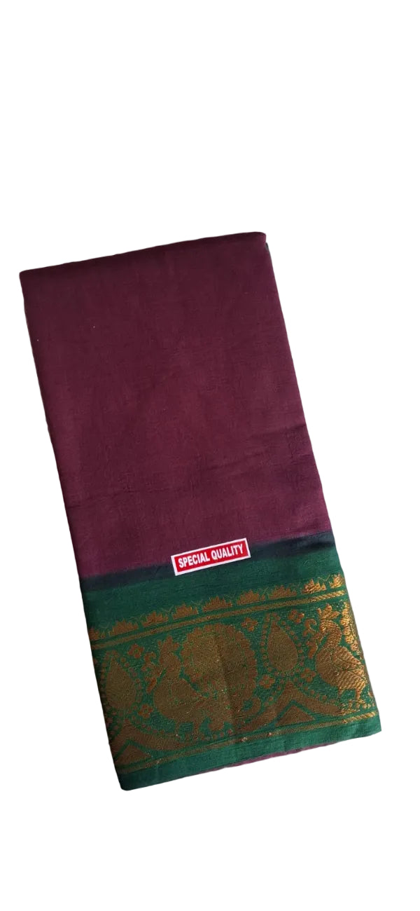WINE PURPLE WITH BOTTLE GREEN SUNGUDI PURE COTTON SAREE