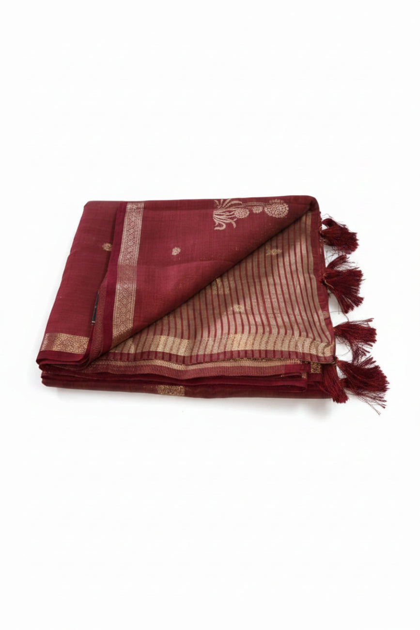 MAROON COLOR TUSSAR MIXED COTTON SILK SAREE