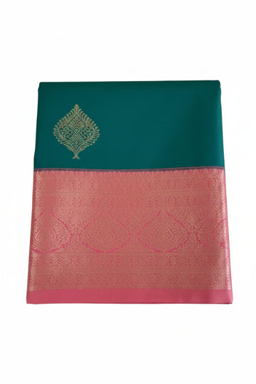 GREEN WITH PEACH COLOR KANCHI SEMI  SILK SAREE