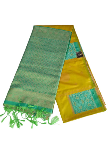 YELLOW WITH MINT GREEN KANJIPURAM SEMI SILK SAREE