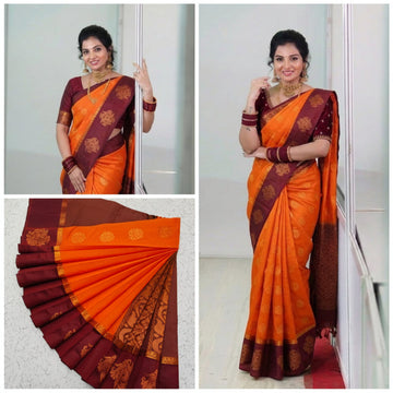 VIBRANT ORANGE AND DEEP MAROON KOTTANJI SILK COTTON SAREE
