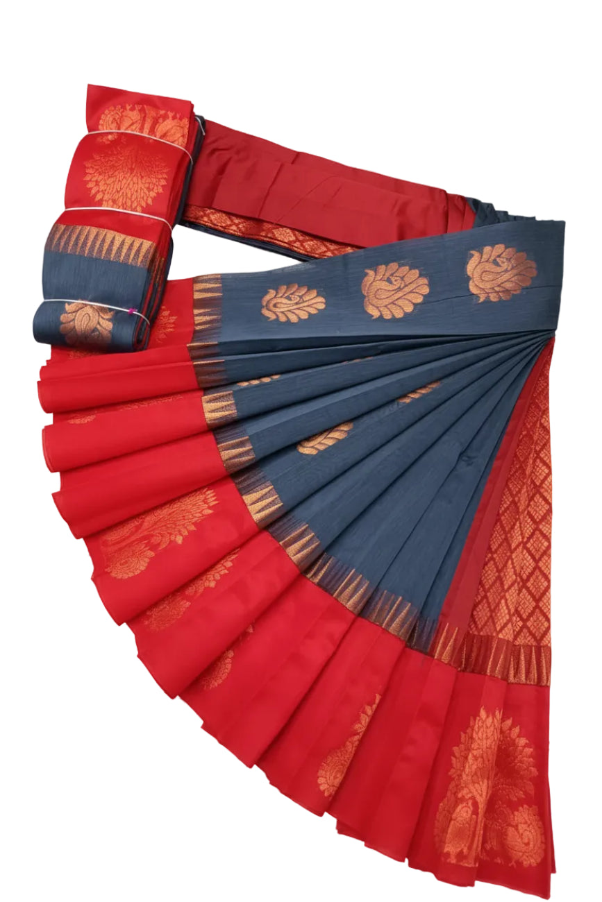 NAVY BLUE AND DEEP RED COLOR KOTTANJI SILK COTTON SAREE