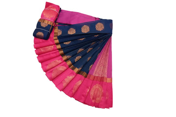 NAVY BLUE AND BRIGHT PINK COLOR K0TTANJI SILK COTTON SAREE