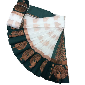 WHITE AND BOTTLE GREEN COLOR KOTTANJI SILK COTTON SAREE