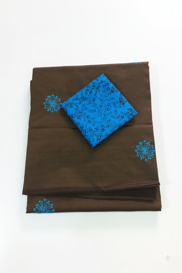 COFEE BROWN AND SKY BLUE EMBROIDERY MIXED SOUTH COTTON SAREE