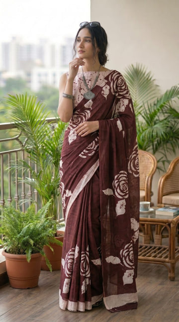 CHOCOLATE BROWN WITH OFF-WHITE FLORAL PRINT SOUTH COTTON SAREE