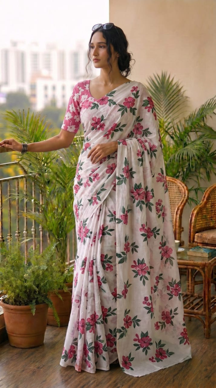 WHITE WITH PINK FLORAL PRINT MULMUL COTTON SAREE