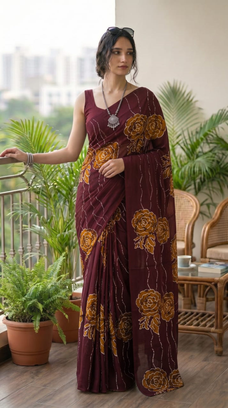 WINE WITH MUSTARD YELLOW FLORAL PRINT MULMUL COTTON SAREE