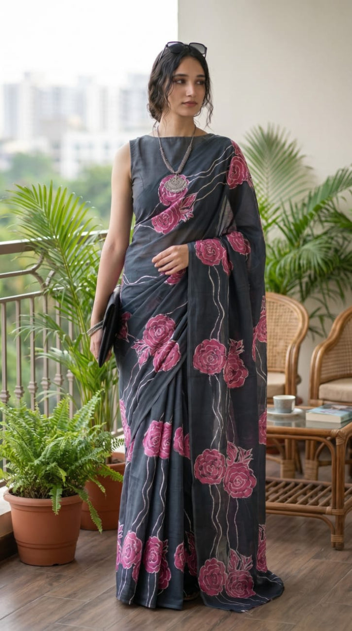 CHARCOL GREY WITH MAGENTA FLORAL  PRINT MULMUL COTTON SAREE