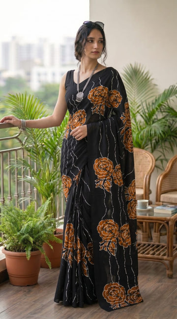 BLACK WITH RUST BROWN FLORAL PRINT MULMUL COTTON SAREE