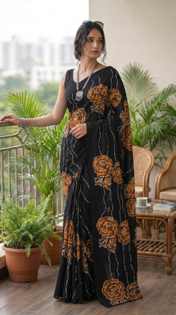 BLACK WITH RUST BROWN FLORAL PRINT MULMUL COTTON SAREE