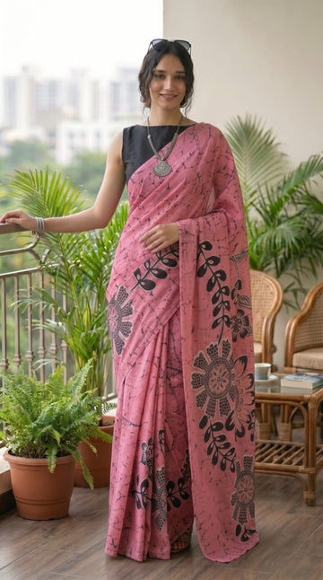 ROSE PINK WITH BLACK FLORAL PRINT MULMUL COTTON SAREE